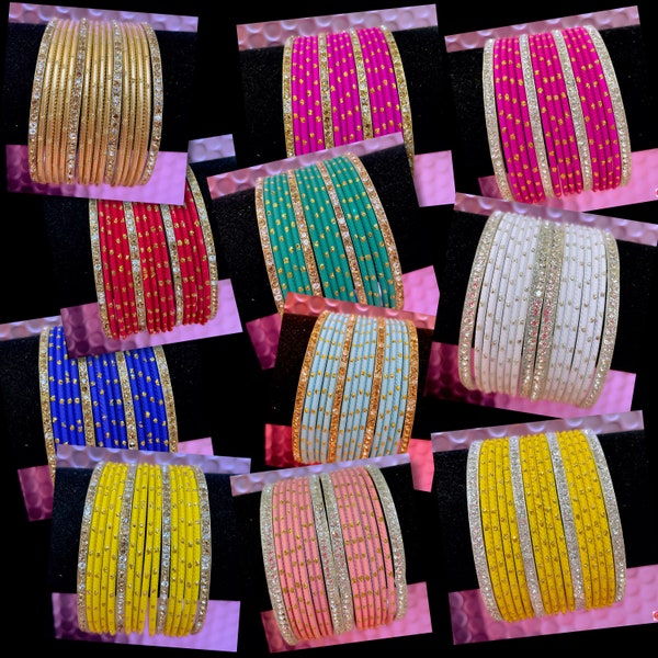 Size 2.10- Gold & Silver Metal Bangle Sets Various Colours Indian Pakistani Metal Bangles