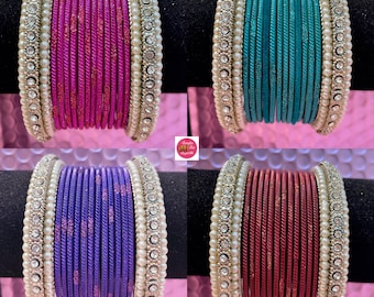 Size 2.10 Silver Pearl Metal Bangles Sets Indian Pakistani Bangles Chura