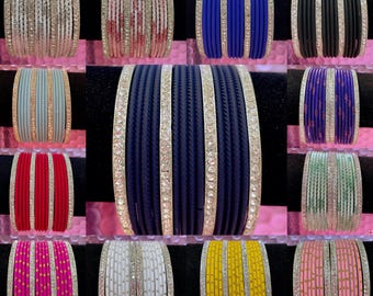Size 2.4/2.6/2.8: Silver Metal Bangle Sets Various Colours Indian Pakistani Metal Bangles