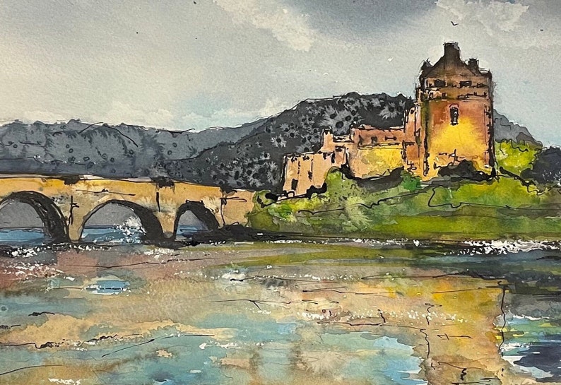 Acquerello Eilean Donan Castle Scotland Art Painting Original immagine 2