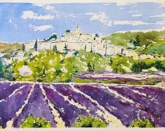 Watercolor, lavender blossom in Les-Beaux-de-Provence, France, painting, unique, signed by hand
