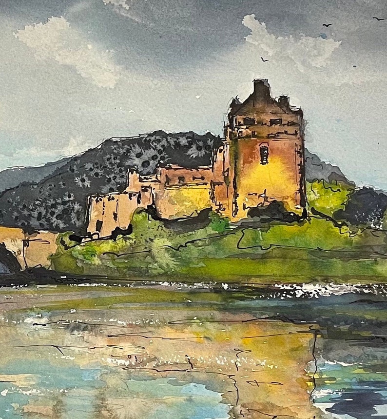 Acquerello Eilean Donan Castle Scotland Art Painting Original immagine 3