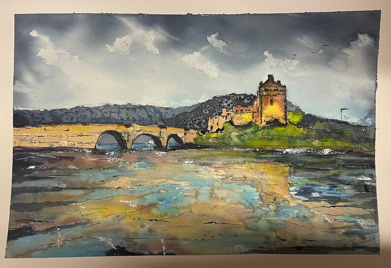Acquerello Eilean Donan Castle Scotland Art Painting Original immagine 1