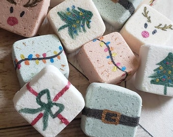4 Pack Mini Christmas Bath Bombs Personalized  - Stocking Stuffer, Variety Holiday Set, Gingerbread, Snowman, Reindeer, Organic skin care