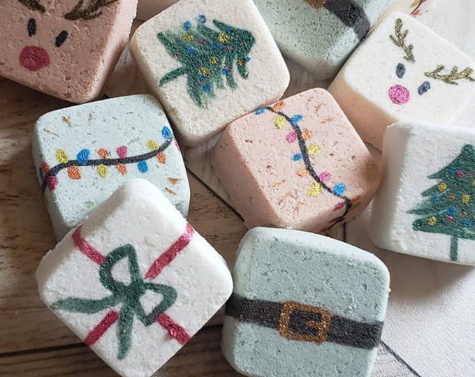 4 Pack Mini Christmas Bath Bombs Personalized  - Stocking Stuffer, Variety Holiday Set, Gingerbread, Snowman, Reindeer, Organic skin care
