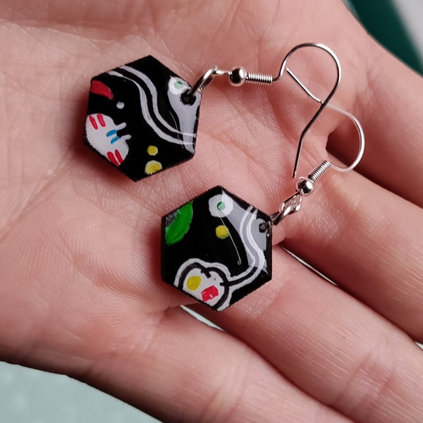 Joan Miró inspired earrings, wooden hand-painted, steel hook, funky earrings, gift for her