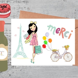 Cute Parisian Merci Thank you card. Instant Download. Printable.