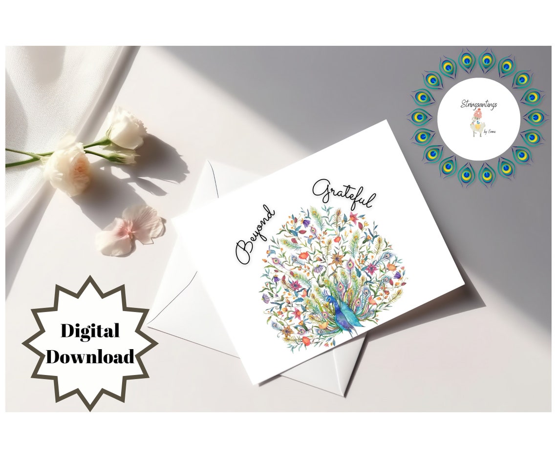 Printable Thank You Card. Instant Download 5 X 7 Card. Peacock Grateful ...