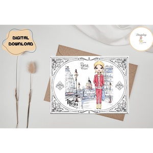 Printable Parisian Thank You Greeting Card.  Instant Download. Merci