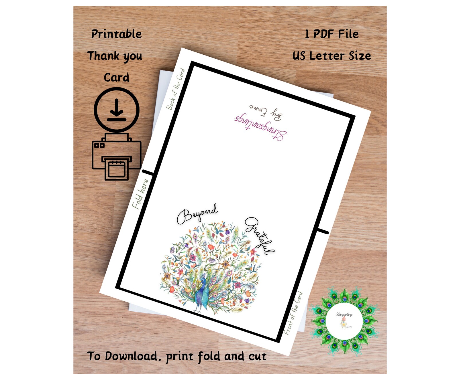 Printable Thank You Card. Instant Download 5 X 7 Card. Peacock Grateful ...