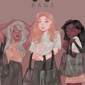 May include: Three people are holding black reusable shopping bags with the text "Degag&eacute;" printed on them. The bags are clear and have black handles. The people are wearing casual clothing and smiling.
