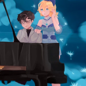 May include: A man and a woman are playing music together. The man is playing a black piano and the woman is singing. They are surrounded by blue clouds and white dandelion seeds.