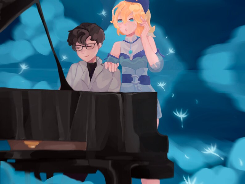 May include: A man and a woman are playing music together. The man is playing a black piano and the woman is singing. They are surrounded by blue clouds and white dandelion seeds.
