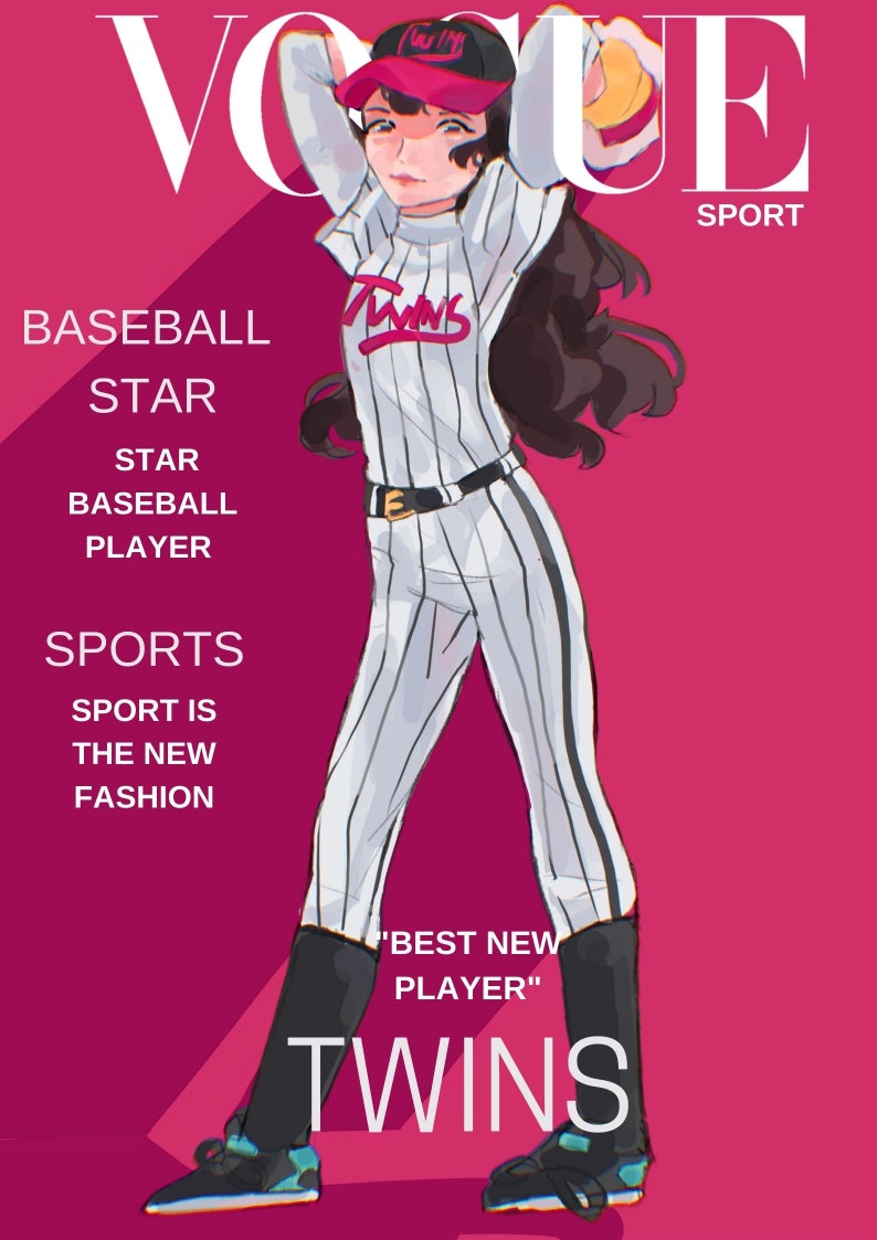 May include: A woman wearing a white and black striped baseball uniform with the word "TWINS" on the front. She is holding a baseball and has a pink baseball cap on her head. The background is pink with the word "VOGUE" in white letters at the top. The text "SPORT" is in white letters below the word "VOGUE". The text "BASEBALL STAR" is in white letters on the left side of the image. The text "SPORTS SPORT IS THE NEW FASHION" is in white letters on the left side of the image. The text "BEST NEW PLAYER" is in white letters on the right side of the image. The text "TWINS" is in white letters at the bottom of the image.