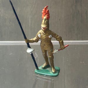 Miniature 2&quot; Vintage Medieval Golden Knight Figurine Armor Lance & Sword