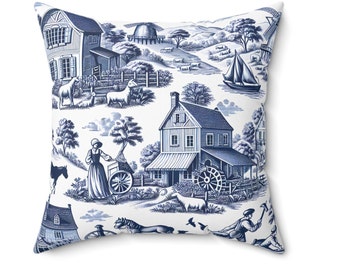 Blue and White Toile Accent Pillow, Blue Toile Sofa Pillow, Toile Accessory, light blue toile pillow, asia style pillow, asia women pillow