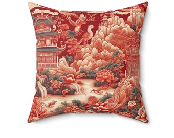 Red Chinoiserie Pillow 14x14, Oriental pattern pillow, Asian decor, asia red pillow, asia style pillow, chinoiserie pillow pagoda