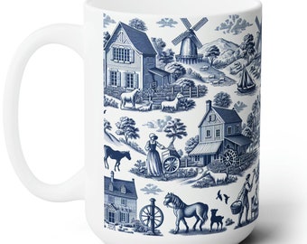 Tazza in tela blu Tazza in campagna francese Tazza da caffè in tela blu De Jouy Tazza da caffè oile Regalo blu e bianco per la mamma Tazza da caffè vintage