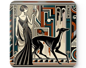 Art Deco Coaster Set Greyhound Mucha Inspired 1920s Decor Art Deco Home Decor Drink Coasters, Greyhound Lover gift, Housewarming Art Nouveau