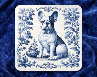 Dessous de verre bouledogue français en toile, toile de Jouy bleue, cadeau pour maman Frenchie, amateur de bouledogue français, cadeau de pendaison de crémaillère