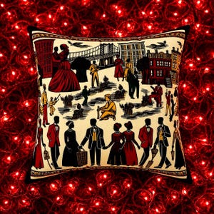 May include: A square throw pillow featuring a cream-colored fabric cover with a detailed black, red, and yellow illustration of a city scene. The print depicts various figures in formal attire, a bridge, and buildings, framed by a decorative border.