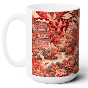 Asia Mug Red Unique Chinese Chinoiserie Coffee Mug Oriental Inspired Coffee Cup Red Toile Tea Cup for her Gift for Asia Mom