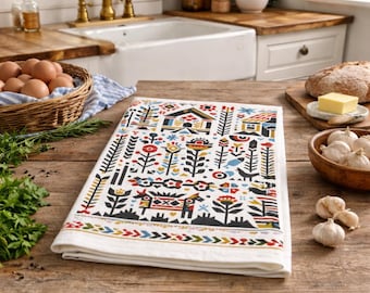 Pano de prato estilo holandês da Pensilvânia, decoração de cozinha Amish, pano de algodão com arte popular, pano de prato de cozinha estilo holandês da Pensilvânia, pano de prato Amish, arte popular
