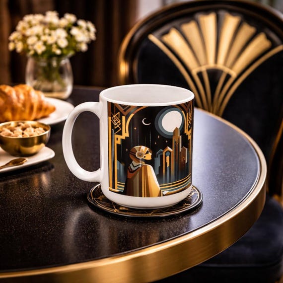 Art Deco Coffee Mug: Mucha Style, Geometric Moon Design
