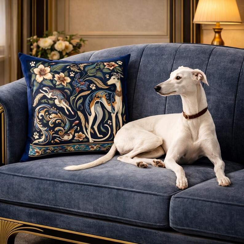 May include: A square throw pillow featuring a dark blue background with a decorative pattern of white flowers, green leaves, and two greyhound dogs. The design includes intricate scrollwork and small paw prints, finished with a dark blue border.