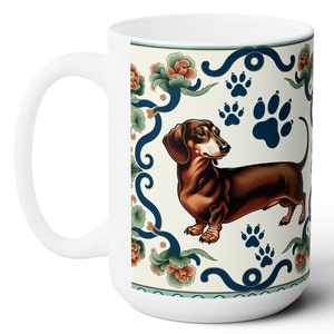 Chinoiserie Dachshund Gift for Dog Lover Chinoiserie 15oz Coffee Mug Dachshund Mom Tea Cup Asian Design Dog Mom Dachshund Ceramic Coffee Cup