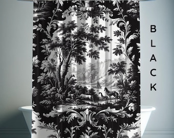 Black Toile de Jouy Shower Curtain, French Country Bathroom Decor