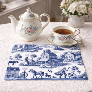 Blue Toile de Jouy Placemat – French Table Decor, Housewarming Gift, Toile Table Setting, Elegant De Jouy Place Mat for Dining