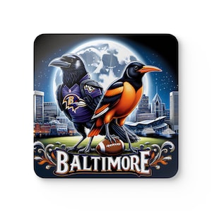 Baltimore Ravens Orioles Coaster Set, Charm City Football Baseball Fan Gift, 4 Piece Set, Corkwood Coasters, Sports Coaster, Baltimore MD