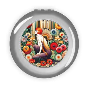 Art Deco Compact Mirror, 1920s Jazz Age Handheld Pocket Vanity Mirror - Alphonso Mucha Design, Gift for Her, Vintage Makeup Cosmetic