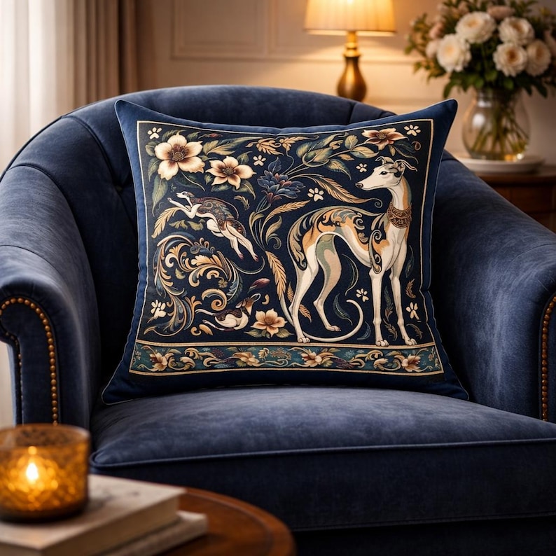 May include: A square throw pillow featuring a dark blue background with a detailed illustration of a greyhound standing and a smaller running greyhound. The design includes cream and gold floral patterns, swirling acanthus leaves, and small paw prints.