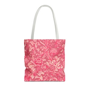 Pink Toile Bag Chinoiserie Floral 13x13 16x16 18x18. Girly Bag gift for her pink coquette Floral tote Bag Chinoiserie Toile Book Tote Pink