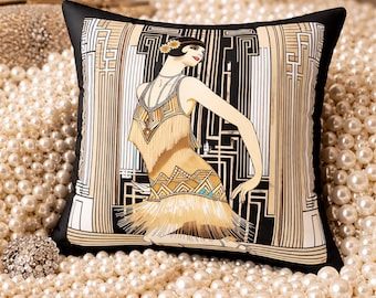 Art Deco Pillow - 1920s Mucha Design Cushion, Vintage Square Pillow for Home Decor, Spun Polyester