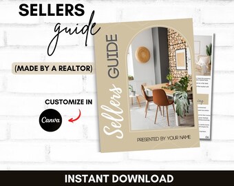 Może przedstawiać: Beżowo-brązowy przewodnik dla sprzedających z tekstem "Sellers Guide" i "Presented by your name". Przewodnik zawiera zdjęcie jadalni ze ścianą z drewna, okrągłym wiklinowym koszem wiszącym na ścianie, drewnianym stołem z brązowymi krzesłami i dużą zieloną rośliną.