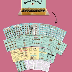 May include: A gold laptop displays "Veterinary Ophthalmology" with eye illustrations. Below, a collection of educational charts on canine eye conditions are arranged. A cup of coffee sits at the bottom on a pink background.