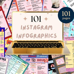 Op de afbeelding: Een gouden laptop toont de tekst "101 INSTAGRAM INFOGRAPHICS" met een achtergrond van kleurrijke medische grafieken. De laptop is omringd door verschillende infographics en grafieken, met de woorden "101 pagina's" in een cirkel.