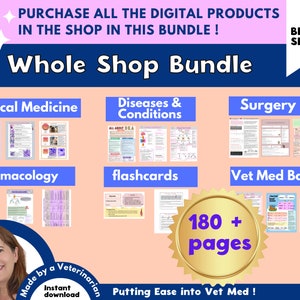 May include: A digital bundle of veterinary medical resources, including clinical medicine, diseases and conditions, surgery, pharmacology, flashcards, and vet med basics. The bundle includes over 180 pages of information and is made by a veterinarian. The text "Putting Ease into Vet Med!" is also included in the image.