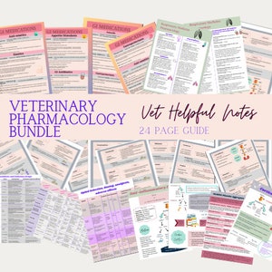 May include: A collage of colorful printable veterinary pharmacology notes. The notes are organized into categories such as GI Medications, Respiratory Medicine Pharmacology, and Anti-Inflammatory Drugs. The title "Veterinary Pharmacology Bundle" and "Vet Helpful Notes 24 Page Guide" are visible in the image.