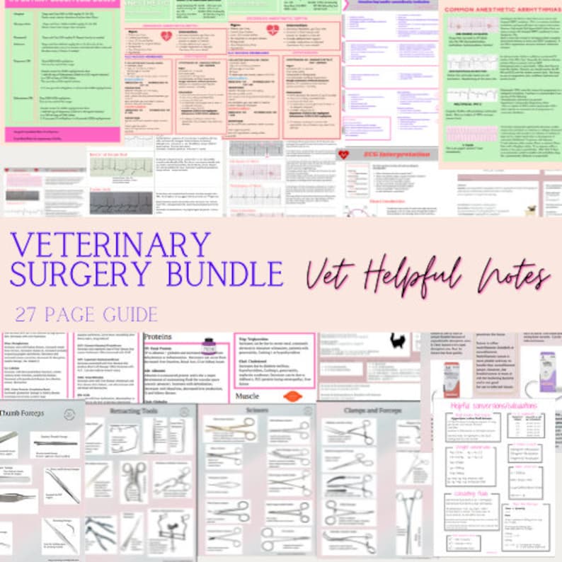 May include: A 27-page guide for veterinary surgery, featuring illustrations of surgical instruments, charts, and diagrams. The guide includes information on common anesthetic arrhythmias, ECG interpretation, and surgical procedures. The title "Veterinary Surgery Bundle" and "Vet Helpful Notes" are visible on the cover.