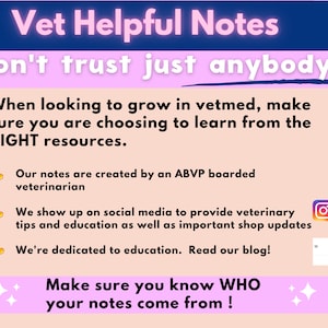 May include: Pink and blue graphic with the text "Vet Helpful Notes" and "Don't trust just anybody."  The graphic also includes the text "When looking to grow in vetmed, make sure you are choosing to learn from the RIGHT resources."  The graphic also includes three yellow hand pointing icons with text describing the source of the notes.  The graphic also includes the text "Make sure you know WHO your notes come from!"