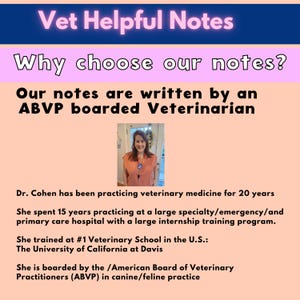 May include: A peach-colored graphic with the text "Vet Helpful Notes" and "Why choose our notes?" The text highlights that the notes are written by a veterinarian with 20 years of experience and training at UC Davis.