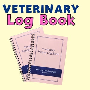 May include: Two pink spiral bound notebooks with the text "Veterinary Patient Log Book" on the front cover. The notebooks are stacked on top of each other. The top notebook has a blue ribbon with the text "Know what I like about people? Their pets." on it.