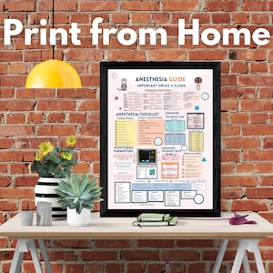 May include: A printable poster with the title "Anesthesia Guide: Important Drugs & Fluids". The poster includes sections on anesthesia checklist, monitoring parameters, and choosing the right rate. The poster is printed on a white background with colorful text and illustrations.