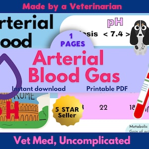May include: A pink and blue illustration of a blood drop with the text "Arterial Blood Gas" in pink and black. The text "Instant download" and "Printable PDF" are also included. A 5-star seller badge is visible.