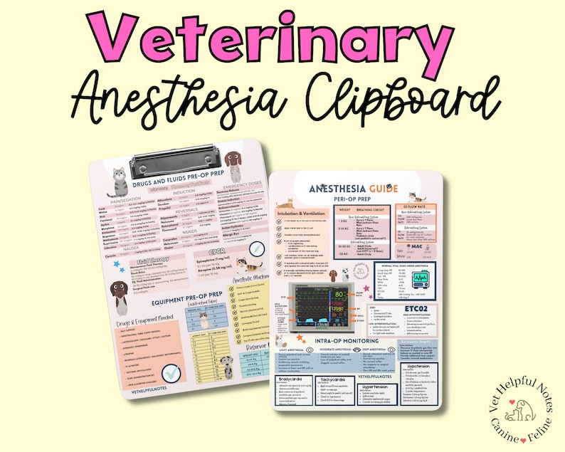 Pode incluir: Um porta-pap&eacute;is de guia de anestesia veterin&aacute;ria com fundo rosa e branco. O porta-pap&eacute;is tem uma lista de verifica&ccedil;&atilde;o para medicamentos e fluidos, equipamentos e monitoramento intraoperat&oacute;rio. O porta-pap&eacute;is tamb&eacute;m inclui uma se&ccedil;&atilde;o para o guia de anestesia com peso, circuito respirat&oacute;rio e MAC.