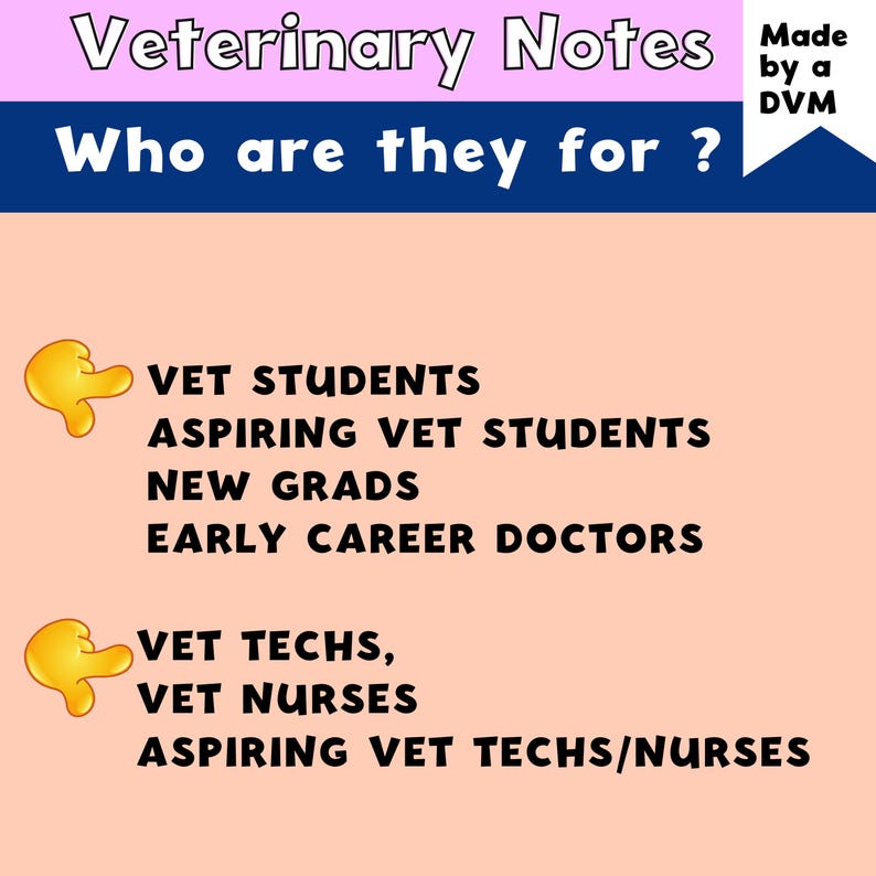 May include: A pink background with the text "Veterinary Notes" and "Who are they for ?" in white. The image lists "VET STUDENTS", "ASPIRING VET STUDENTS", "NEW GRADS", "EARLY CAREER DOCTORS", "VET TECHS, VET NURSES", and "ASPIRING VET TECHS/NURSES".